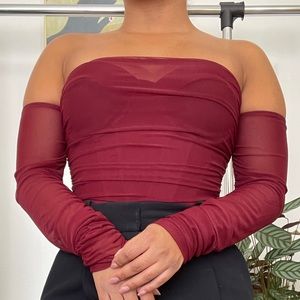 Sexy Burgundy Off the Shoulder Bustier with Mesh